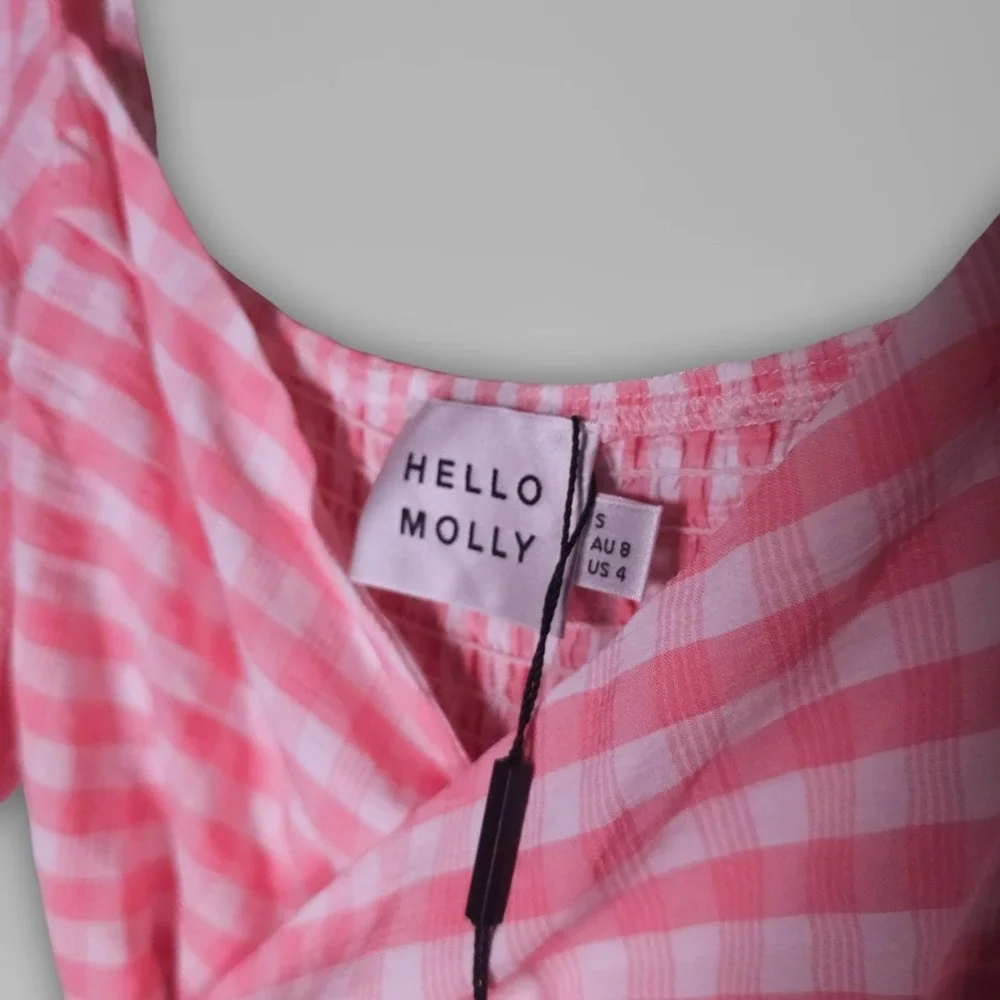 Hello Molly Womens Small Pink Check Plaid Tie Midi Dress Shirred Stretch NEW - Picture 4 of 5